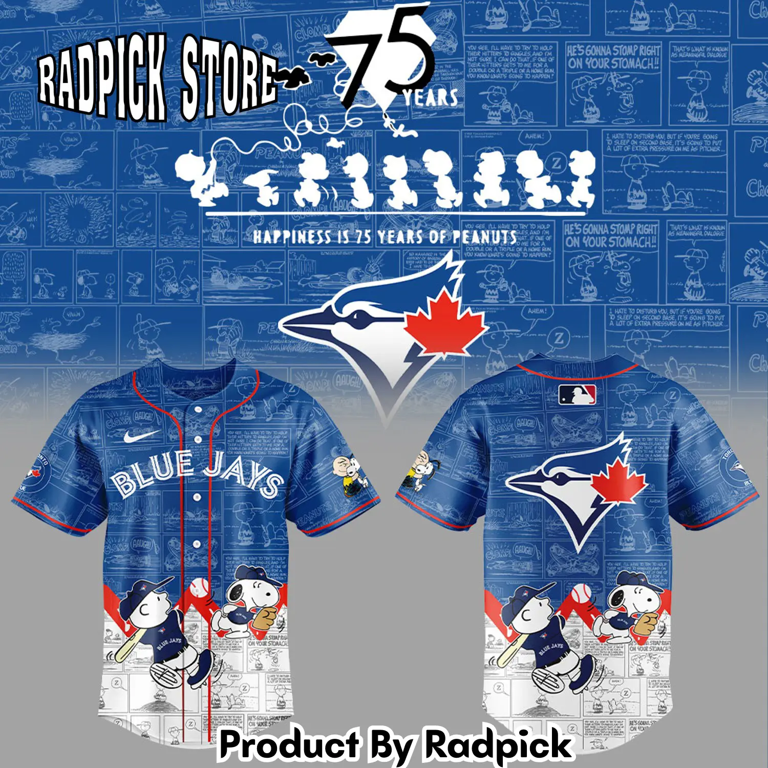 Radpick toronto blue jays 75th anniversary of peanuts v3 baseball jersey rp12717